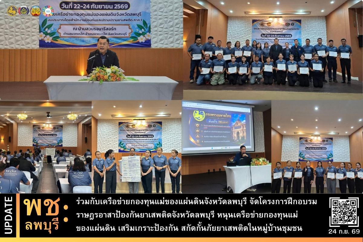 พช.ลพบุรี ร่วมกับเครือข่ายกองทุนแม่ของแผ่นดินจังหวัดลพบุรี จัดโครงการฝึกอบรมราษฎรอาสาป้องกันยาเสพติดจังหวัดลพบุรี หนุนเครือข่ายกองทุนแม่ของแผ่นดิน เสริมเกราะป้องกัน สกัดกั้นภัยยาเสพติดในหมู่บ้านชุมชน